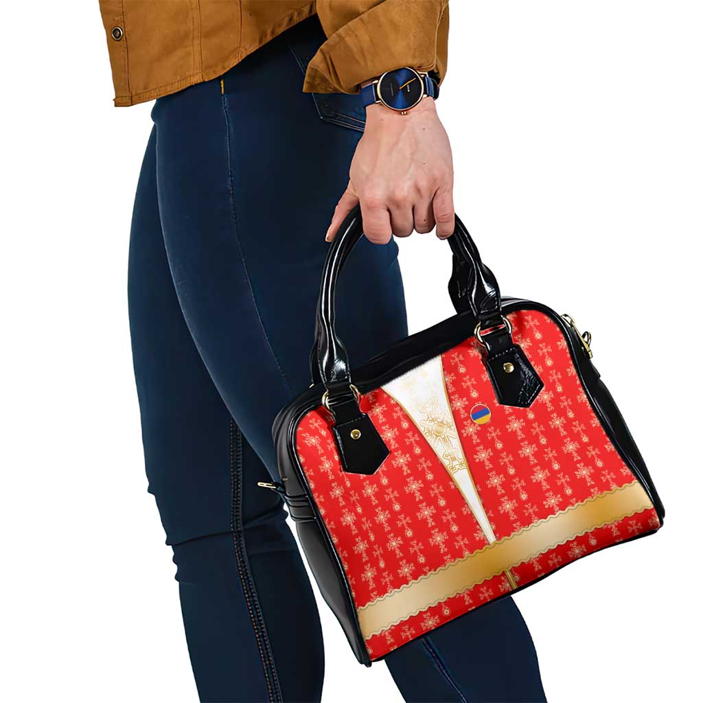 Armenian Traditional Red Shoulder Handbag with Gold Cross Pattern and Flag Crest TS04