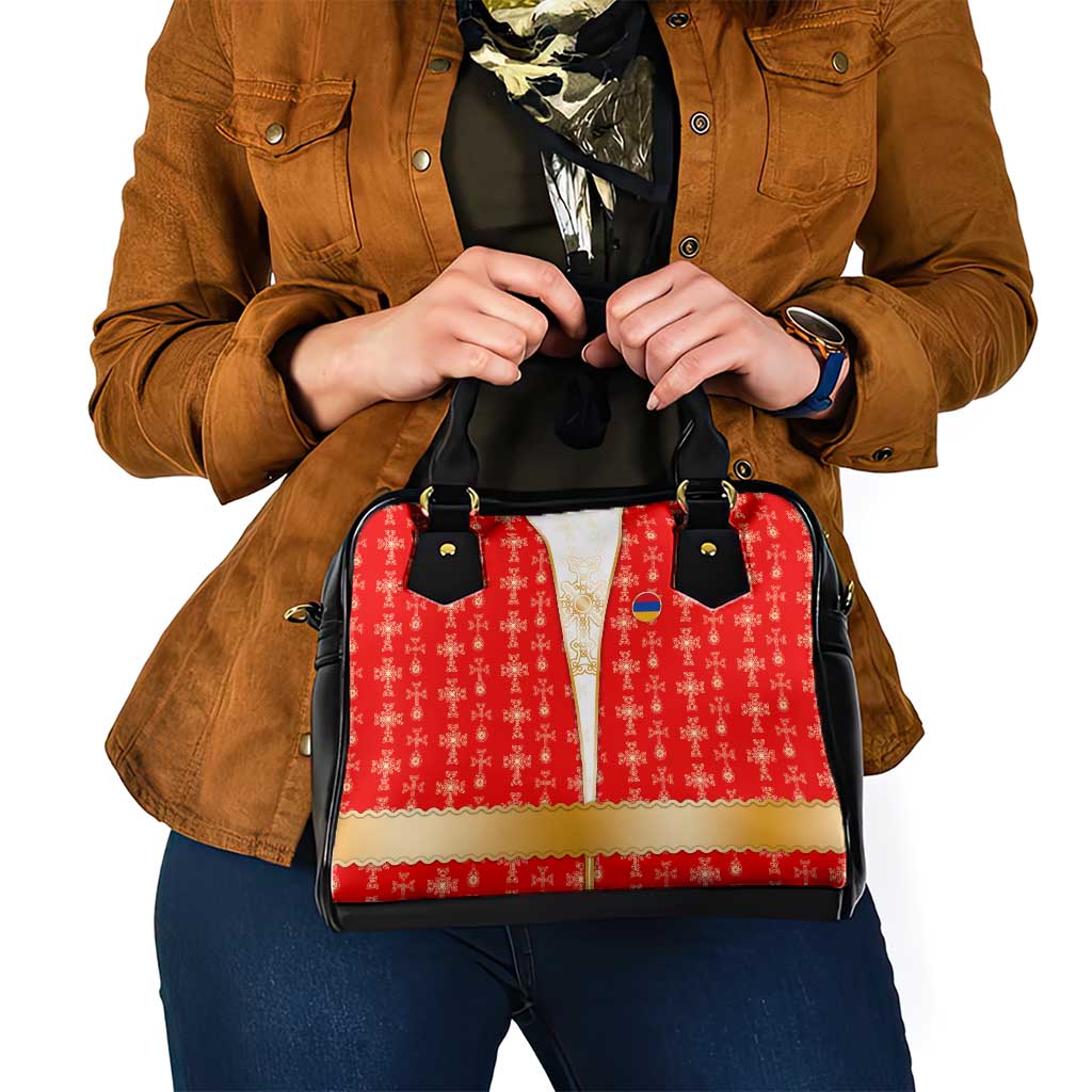 Armenian Traditional Red Shoulder Handbag with Gold Cross Pattern and Flag Crest TS04