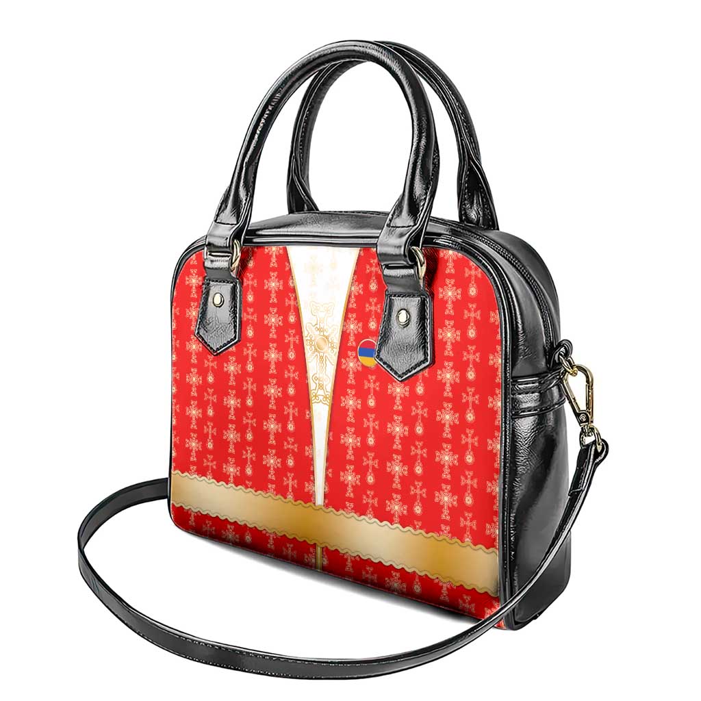 Armenian Traditional Red Shoulder Handbag with Gold Cross Pattern and Flag Crest TS04