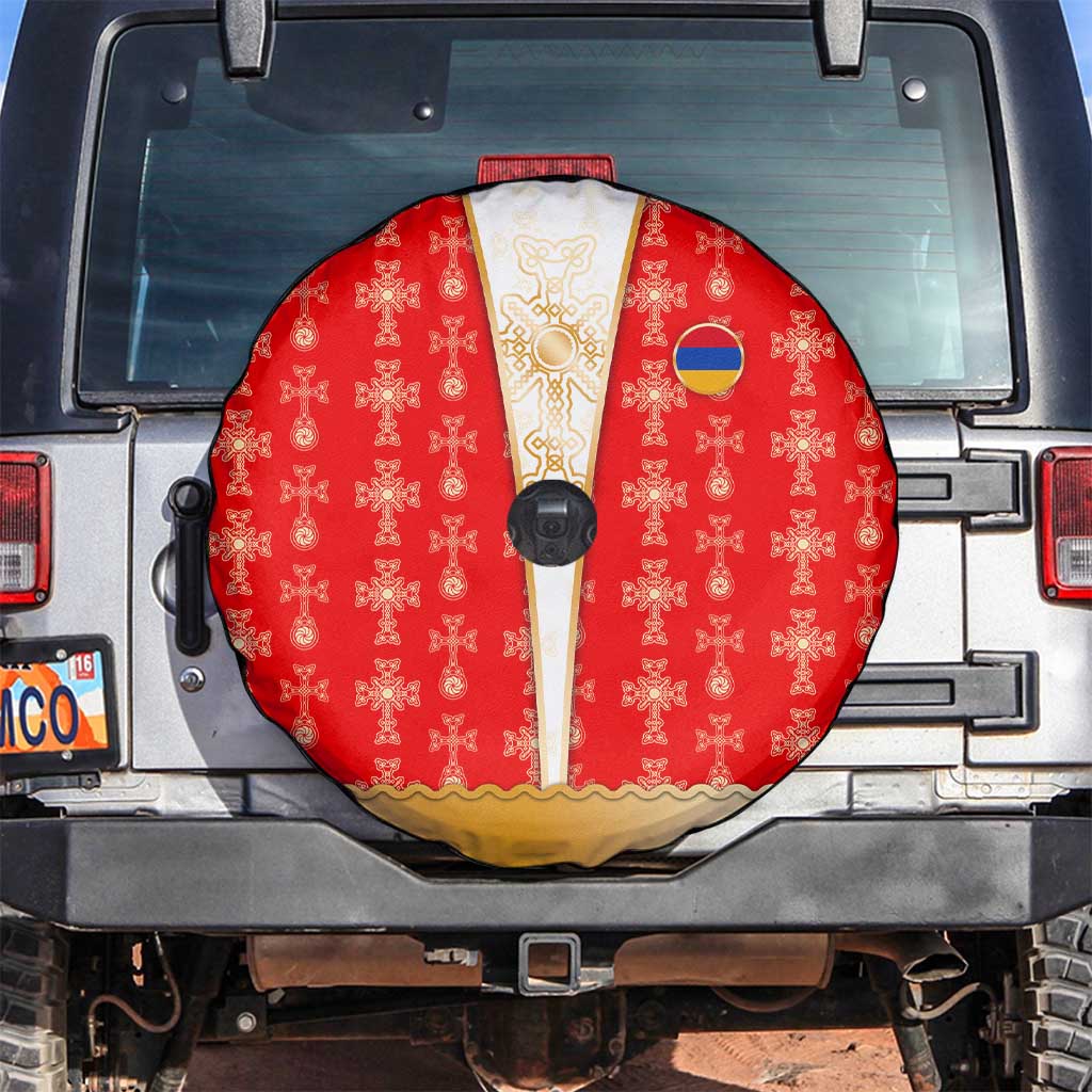 Armenian Traditional Red Spare Tire Cover with Gold Cross Pattern and Flag Crest TS04