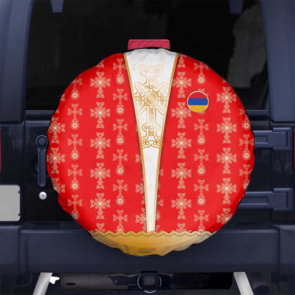 Armenian Traditional Red Spare Tire Cover with Gold Cross Pattern and Flag Crest TS04