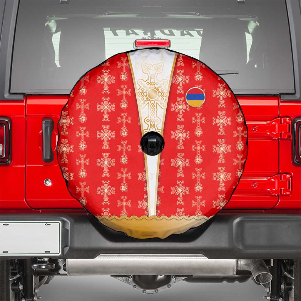 Armenian Traditional Red Spare Tire Cover with Gold Cross Pattern and Flag Crest TS04