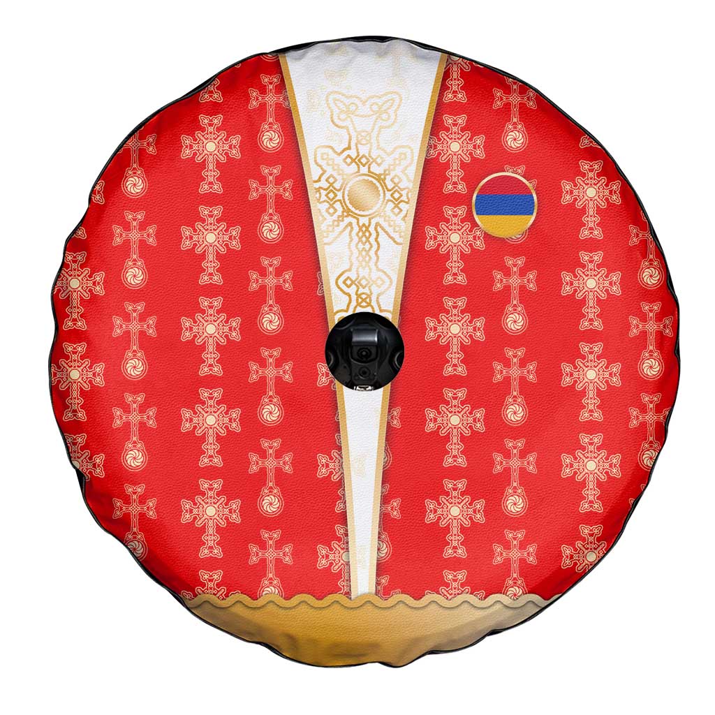 Armenian Traditional Red Spare Tire Cover with Gold Cross Pattern and Flag Crest TS04