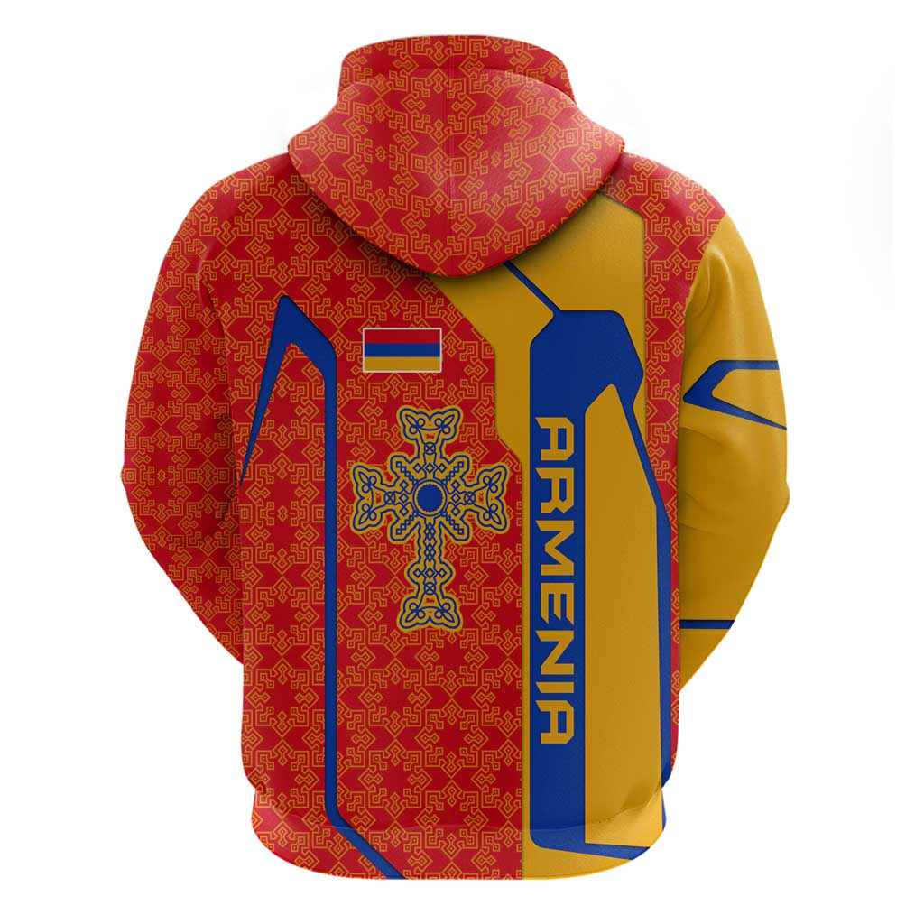 Armenia Flag-Inspired Hoodie with Ornamental Cross and Geometric Pattern Design TS04