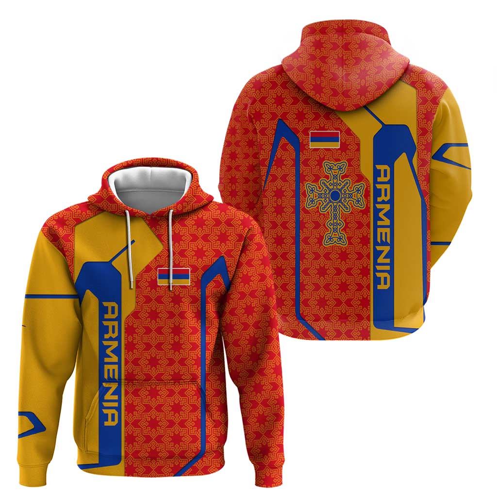 Armenia Flag-Inspired Hoodie with Ornamental Cross and Geometric Pattern Design TS04