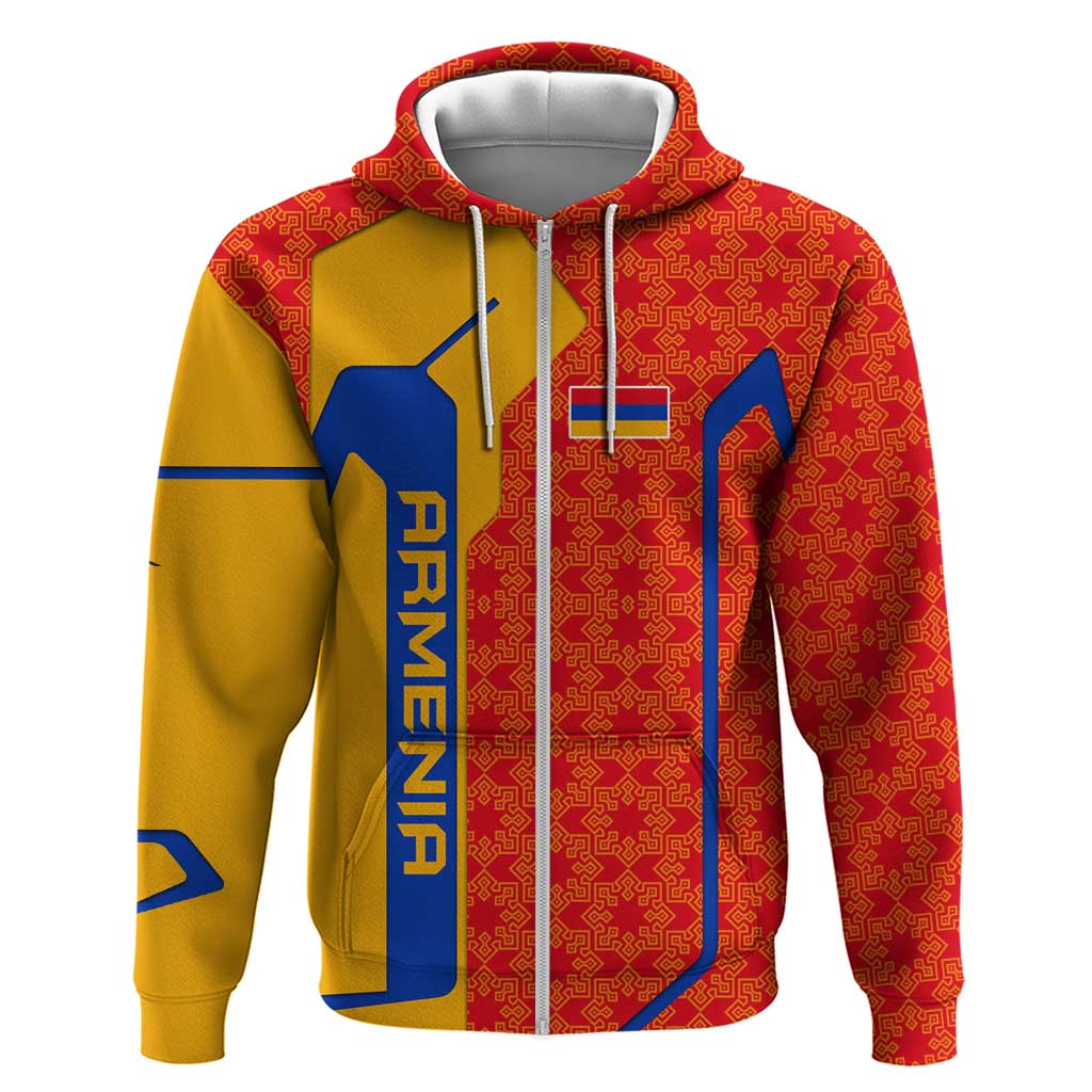 Armenia Flag-Inspired Hoodie with Ornamental Cross and Geometric Pattern Design TS04