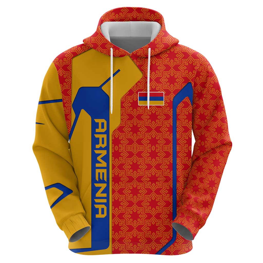 Armenia Flag-Inspired Hoodie with Ornamental Cross and Geometric Pattern Design TS04