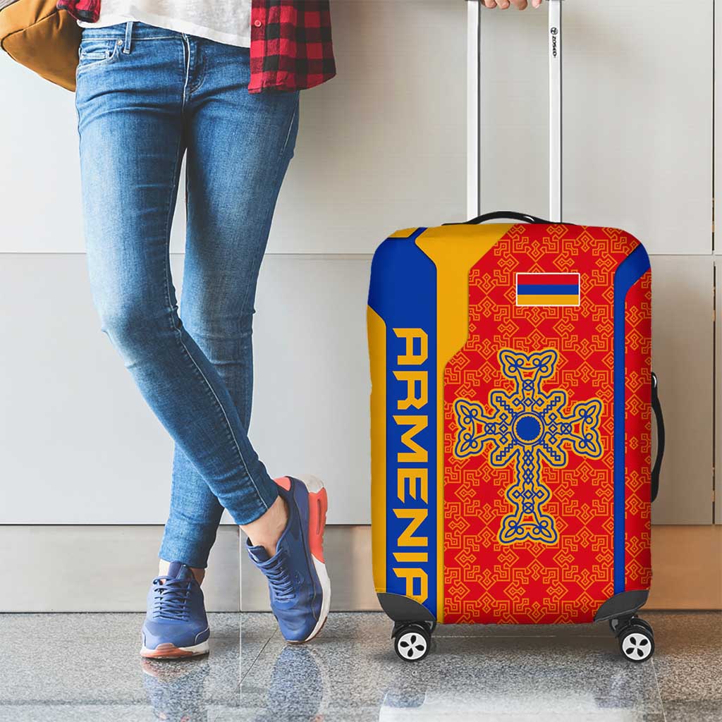 Armenia Flag-Inspired Luggage Cover with Ornamental Cross and Geometric Pattern Design TS04