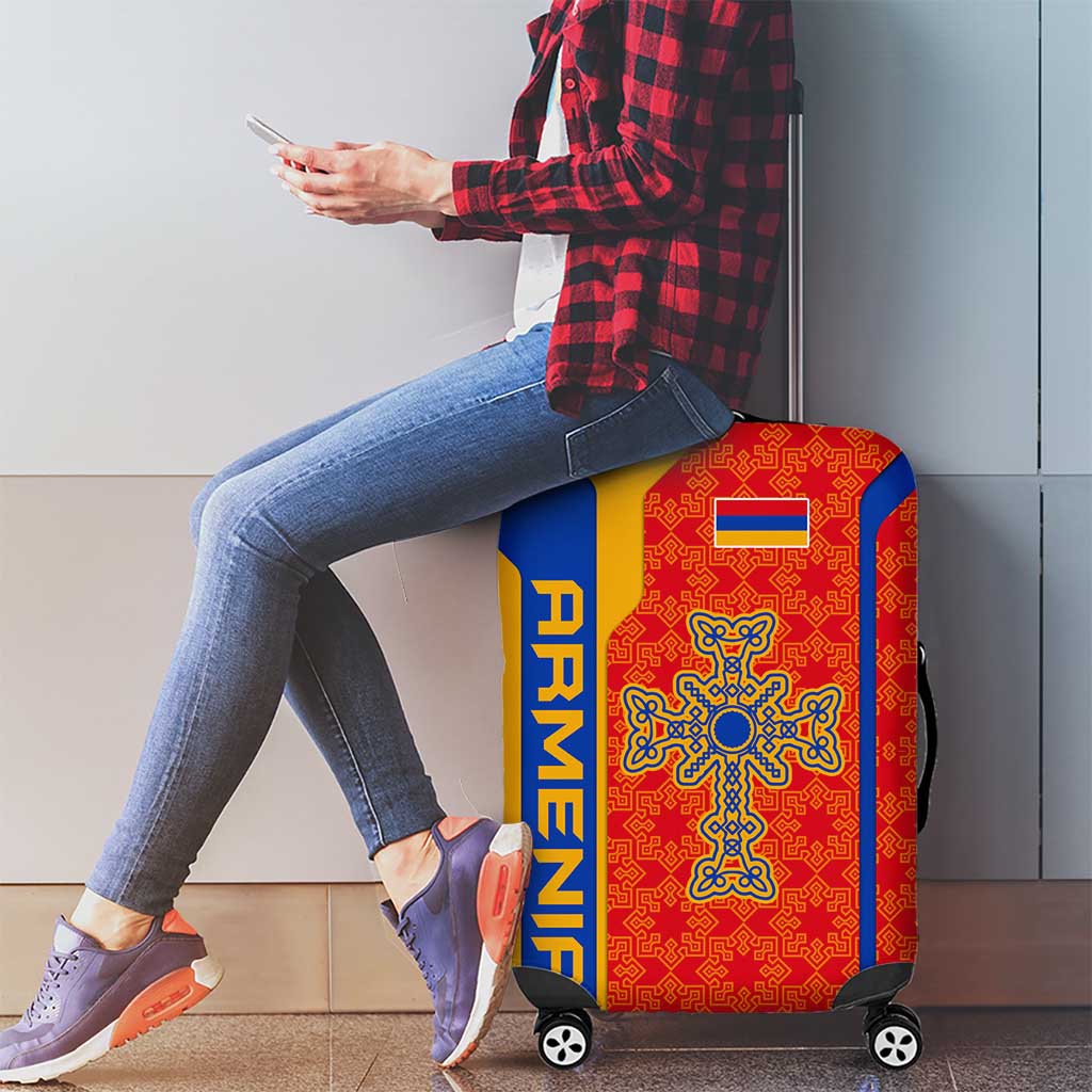 Armenia Flag-Inspired Luggage Cover with Ornamental Cross and Geometric Pattern Design TS04