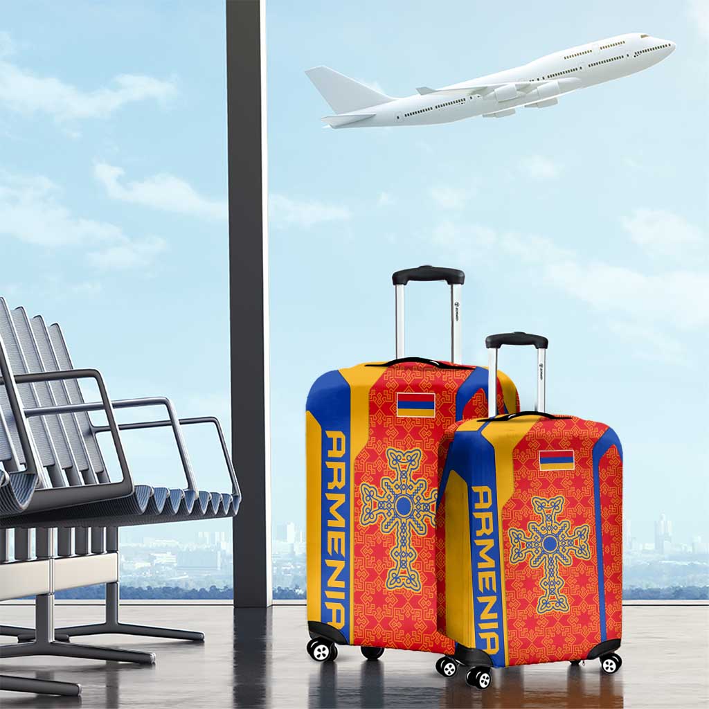 Armenia Flag-Inspired Luggage Cover with Ornamental Cross and Geometric Pattern Design TS04