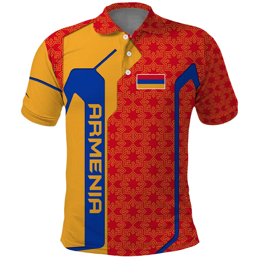 Armenia Flag-Inspired Polo Shirt with Ornamental Cross and Geometric Pattern Design TS04