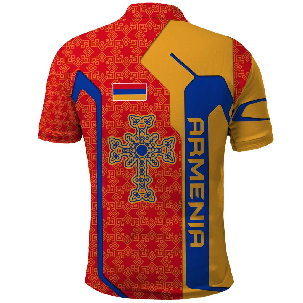 Armenia Flag-Inspired Polo Shirt with Ornamental Cross and Geometric Pattern Design TS04