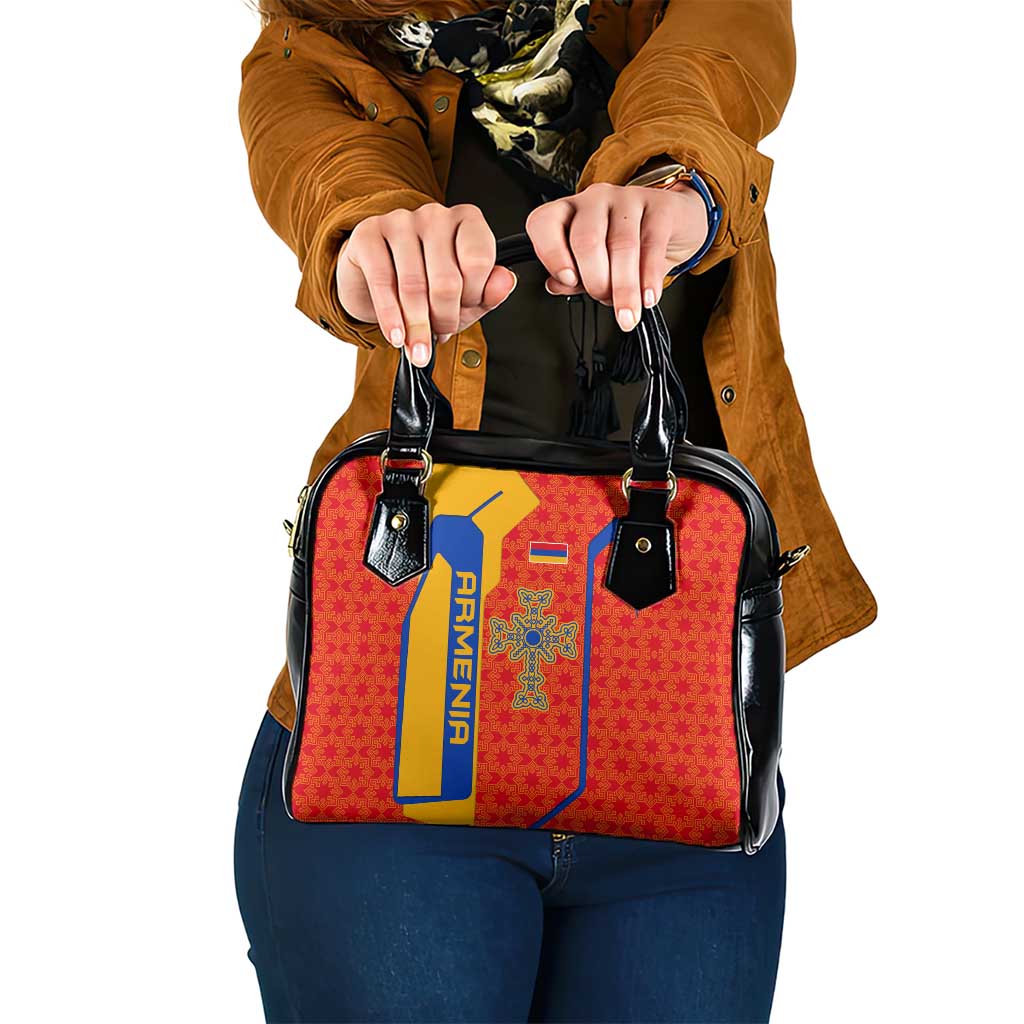 Armenia Flag-Inspired Shoulder Handbag with Ornamental Cross and Geometric Pattern Design TS04