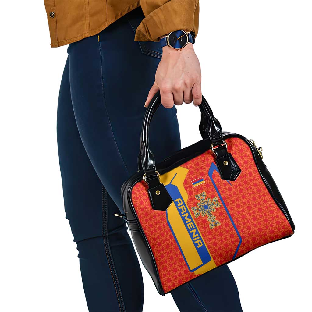 Armenia Flag-Inspired Shoulder Handbag with Ornamental Cross and Geometric Pattern Design TS04