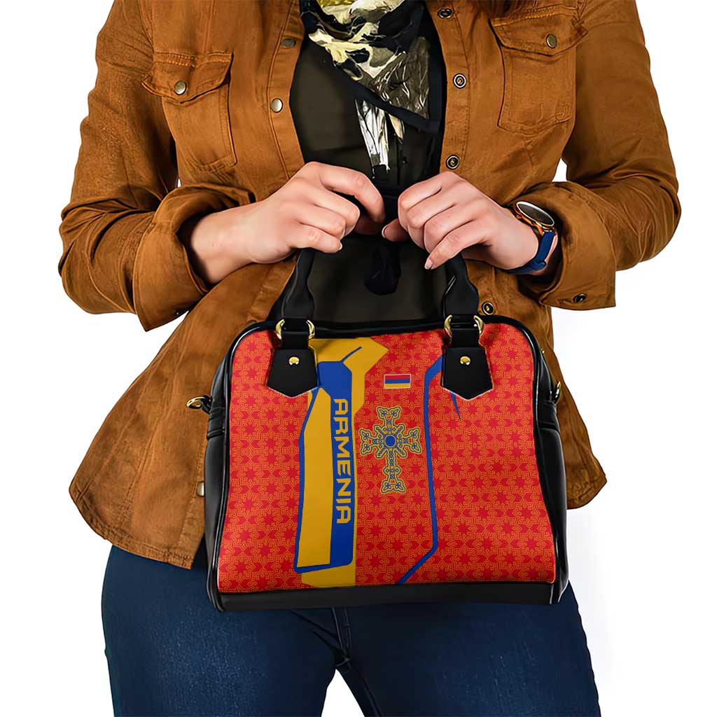 Armenia Flag-Inspired Shoulder Handbag with Ornamental Cross and Geometric Pattern Design TS04