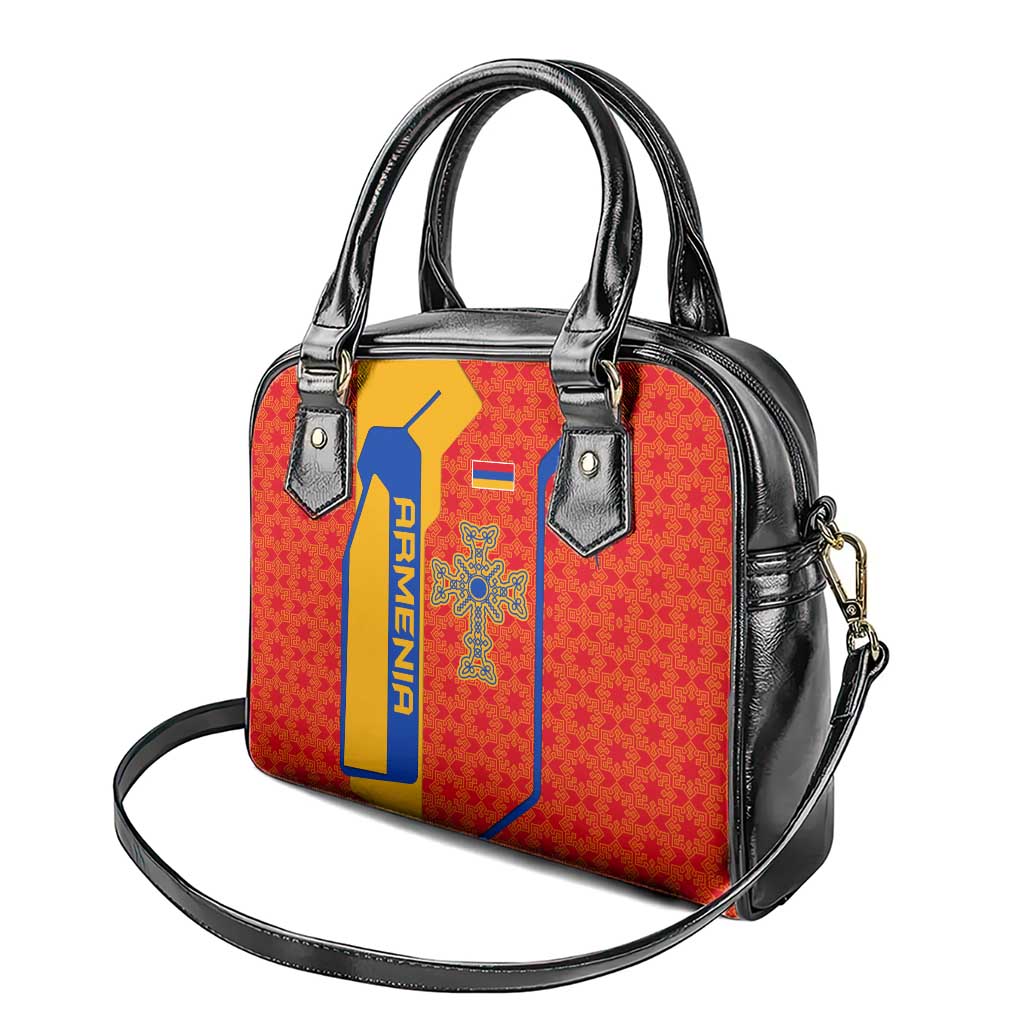 Armenia Flag-Inspired Shoulder Handbag with Ornamental Cross and Geometric Pattern Design TS04