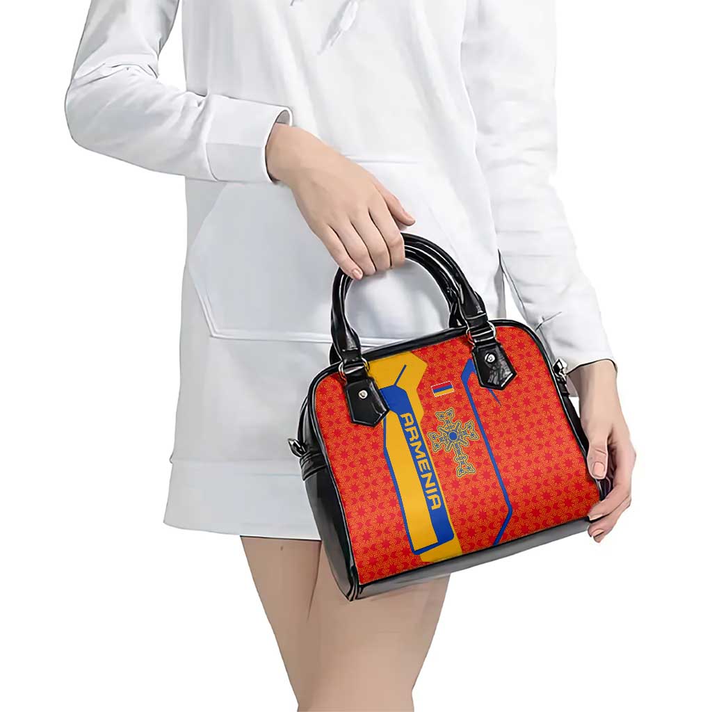 Armenia Flag-Inspired Shoulder Handbag with Ornamental Cross and Geometric Pattern Design TS04