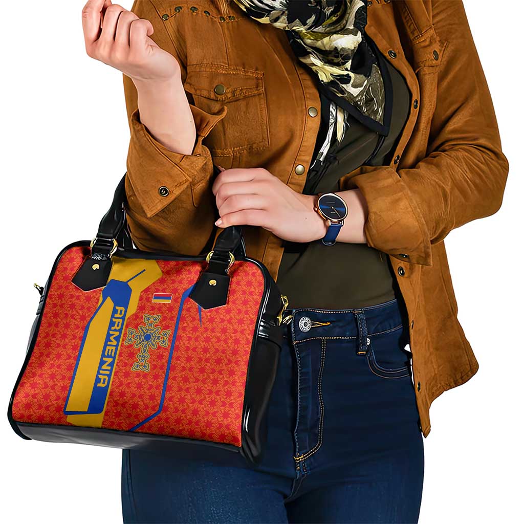 Armenia Flag-Inspired Shoulder Handbag with Ornamental Cross and Geometric Pattern Design TS04