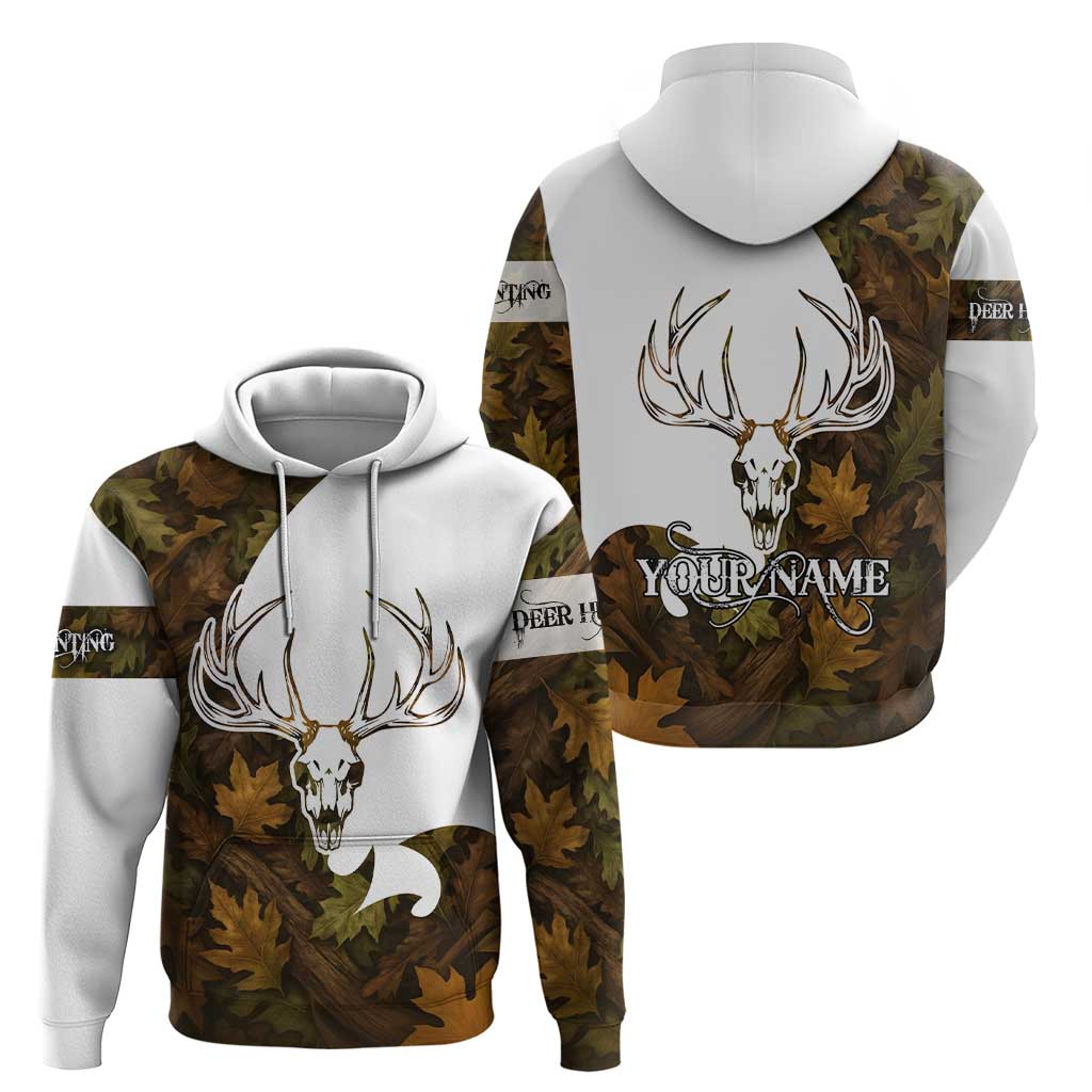 Custom Deer Hunting Skull Hoodie with Antlers Graphic on Autumn Leaf Camo Background TS04