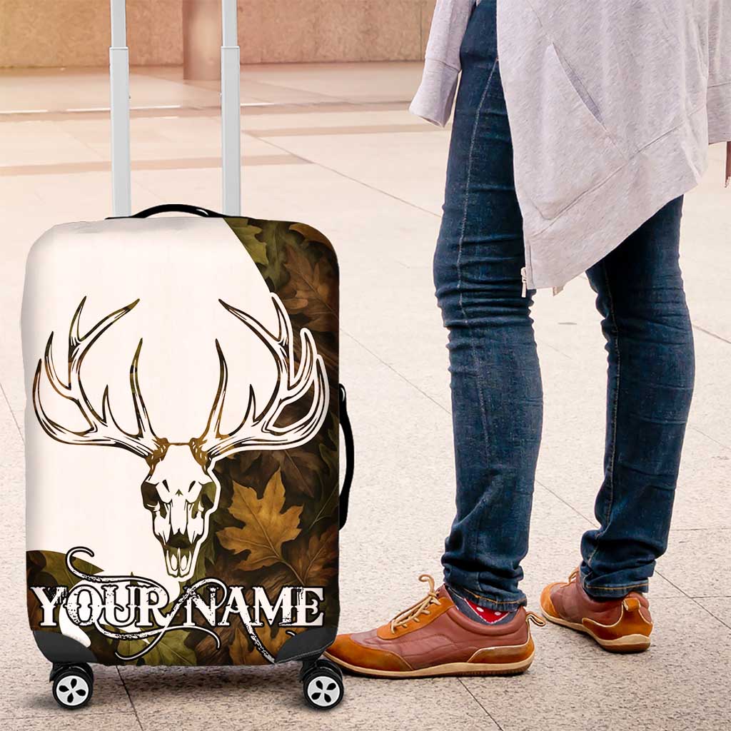 Custom Deer Hunting Skull Luggage Cover with Antlers Graphic on Autumn Leaf Camo Background TS04