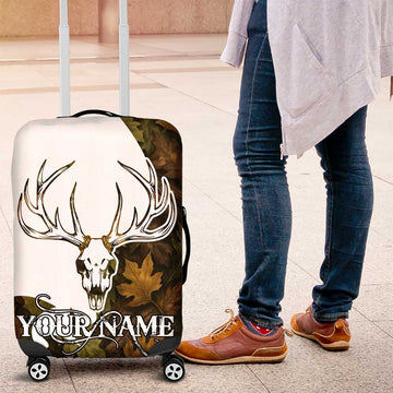 Custom Deer Hunting Skull Luggage Cover with Antlers Graphic on Autumn Leaf Camo Background TS04