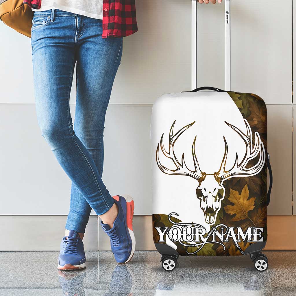 Custom Deer Hunting Skull Luggage Cover with Antlers Graphic on Autumn Leaf Camo Background TS04