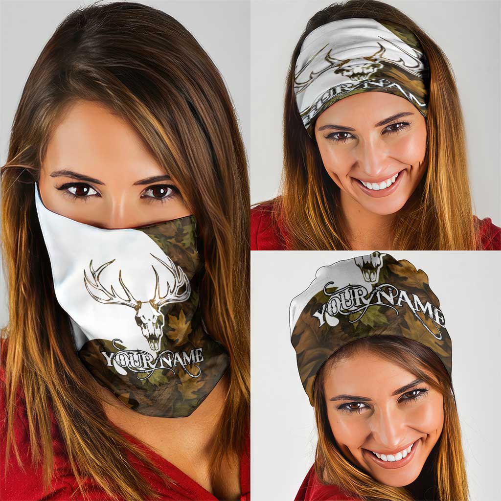Custom Deer Hunting Skull Neck Gaiter with Antlers Graphic on Autumn Leaf Camo Background TS04