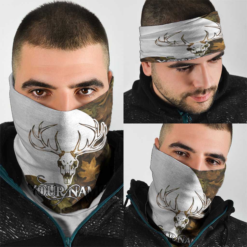 Custom Deer Hunting Skull Neck Gaiter with Antlers Graphic on Autumn Leaf Camo Background TS04
