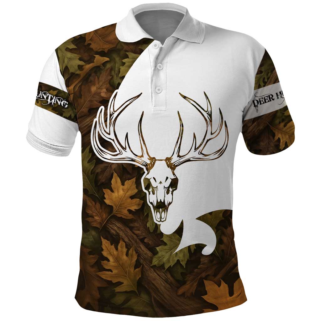 Custom Deer Hunting Skull Polo Shirt with Antlers Graphic on Autumn Leaf Camo Background TS04