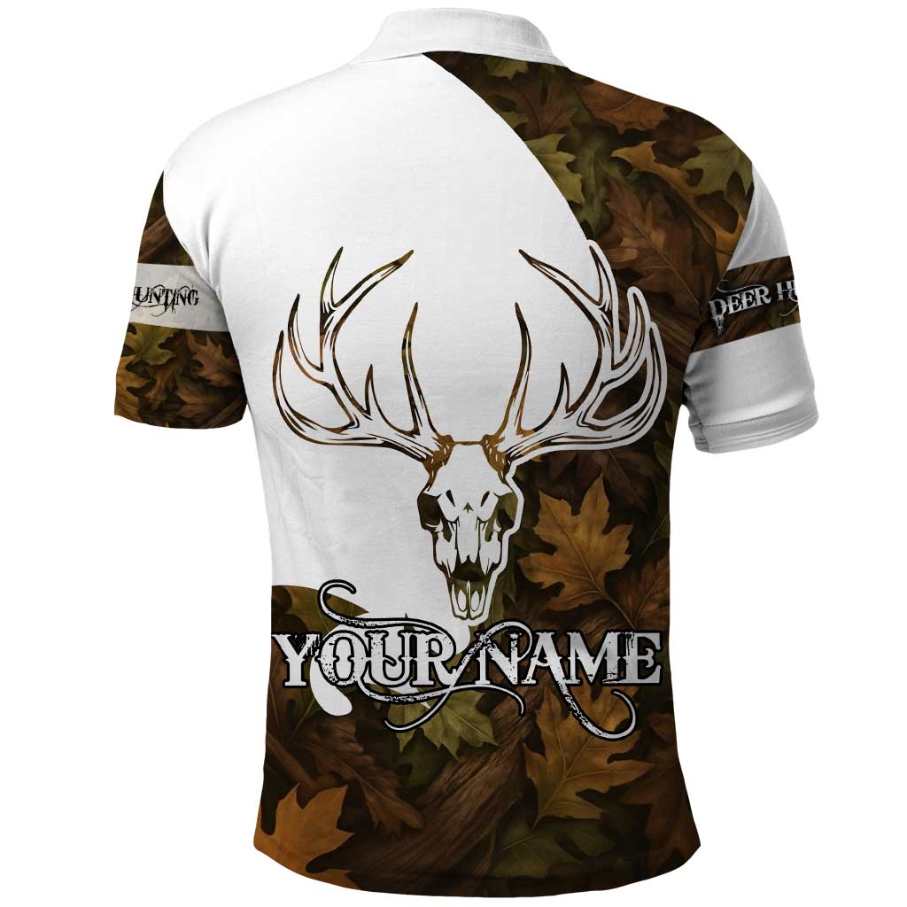 Custom Deer Hunting Skull Polo Shirt with Antlers Graphic on Autumn Leaf Camo Background TS04