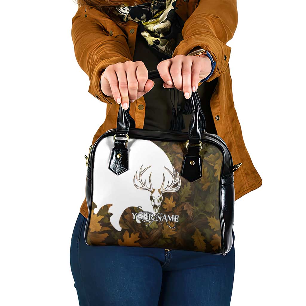 Custom Deer Hunting Skull Shoulder Handbag with Antlers Graphic on Autumn Leaf Camo Background TS04