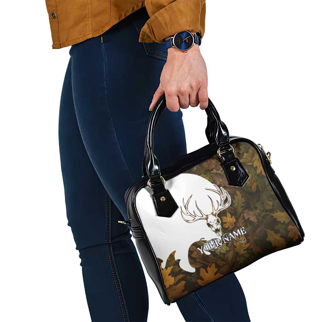Custom Deer Hunting Skull Shoulder Handbag with Antlers Graphic on Autumn Leaf Camo Background TS04