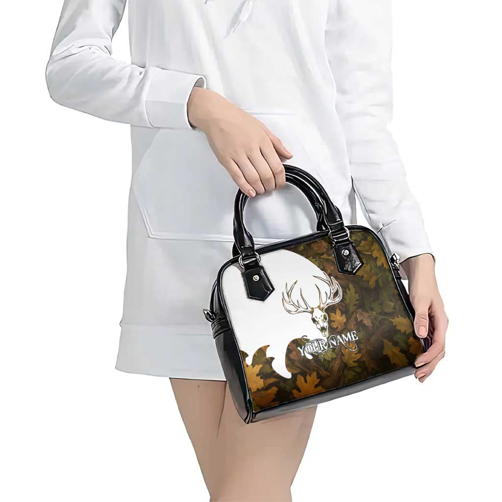 Custom Deer Hunting Skull Shoulder Handbag with Antlers Graphic on Autumn Leaf Camo Background TS04
