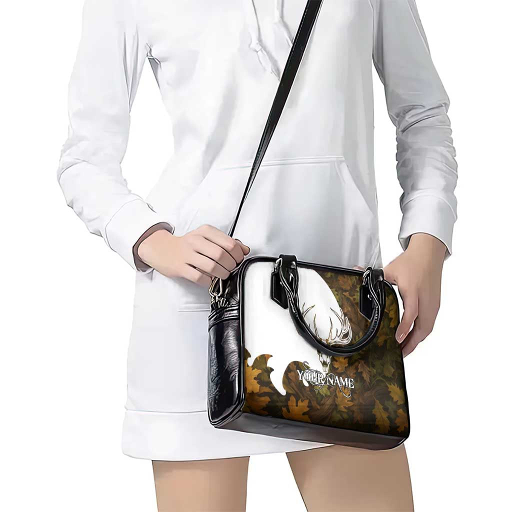 Custom Deer Hunting Skull Shoulder Handbag with Antlers Graphic on Autumn Leaf Camo Background TS04