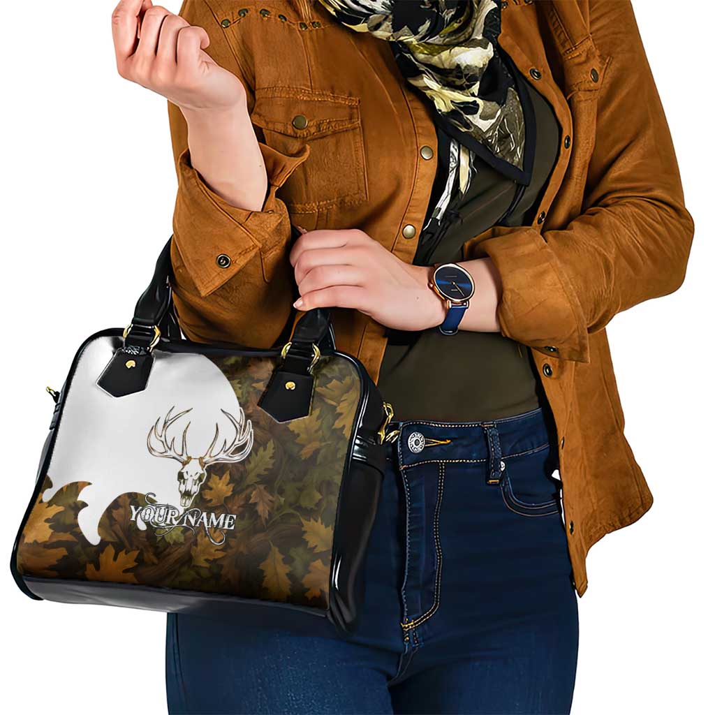Custom Deer Hunting Skull Shoulder Handbag with Antlers Graphic on Autumn Leaf Camo Background TS04