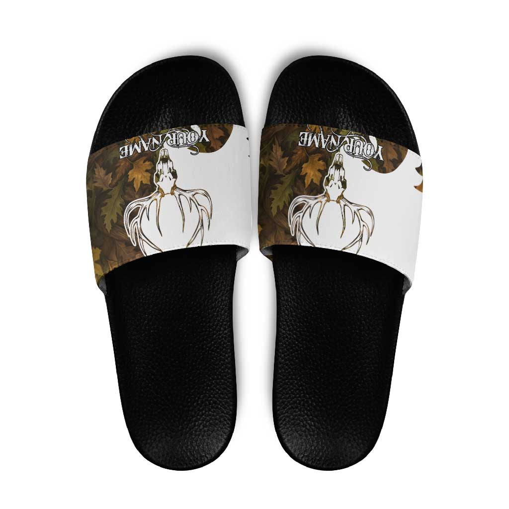Custom Deer Hunting Skull Slide Sandals with Antlers Graphic on Autumn Leaf Camo Background TS04