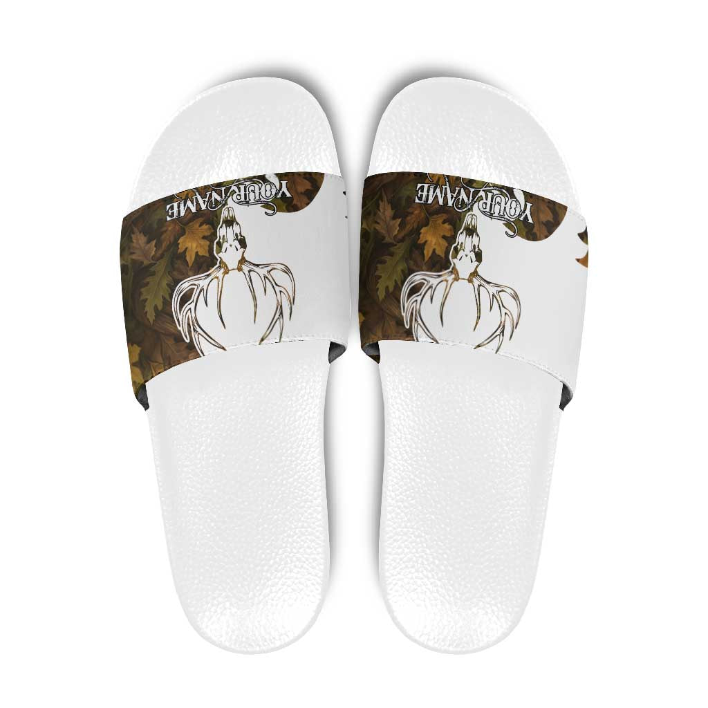 Custom Deer Hunting Skull Slide Sandals with Antlers Graphic on Autumn Leaf Camo Background TS04