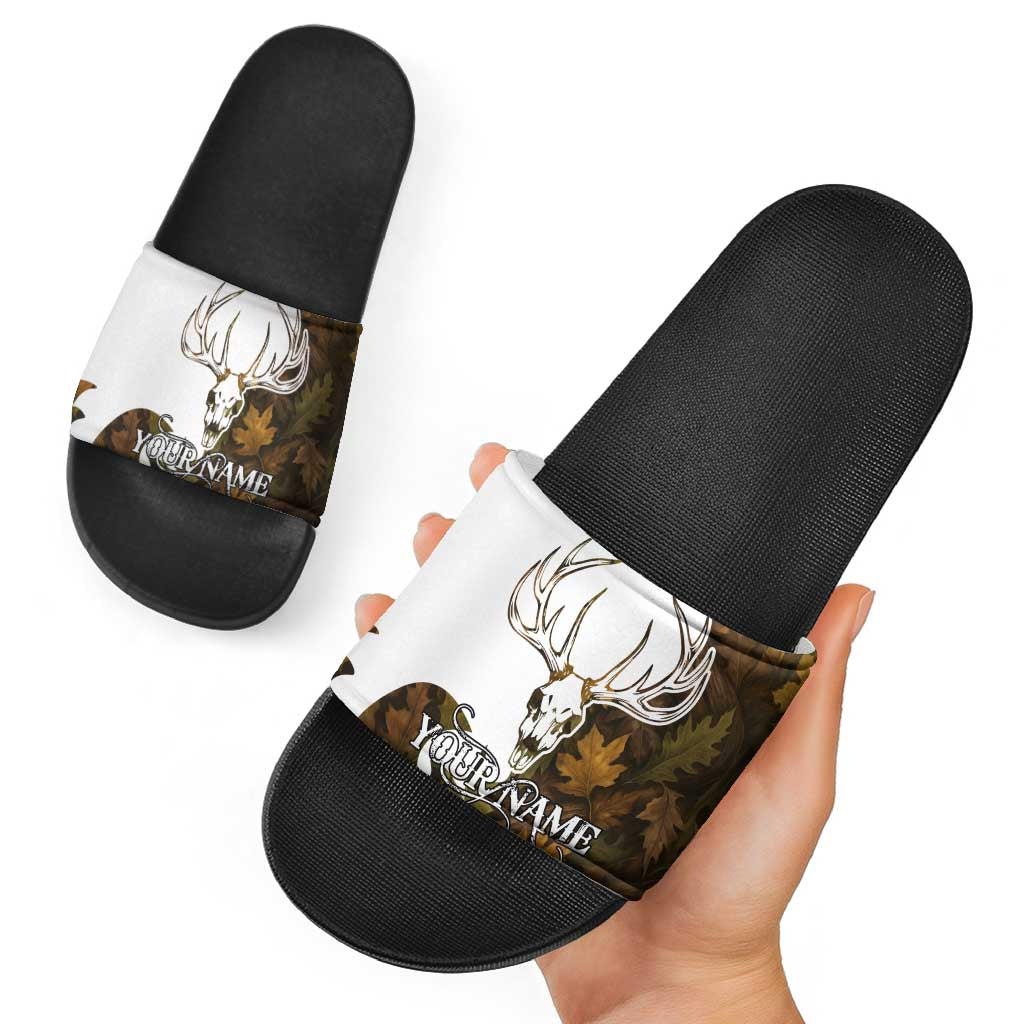 Custom Deer Hunting Skull Slide Sandals with Antlers Graphic on Autumn Leaf Camo Background TS04