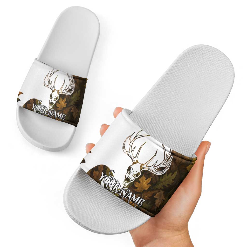 Custom Deer Hunting Skull Slide Sandals with Antlers Graphic on Autumn Leaf Camo Background TS04