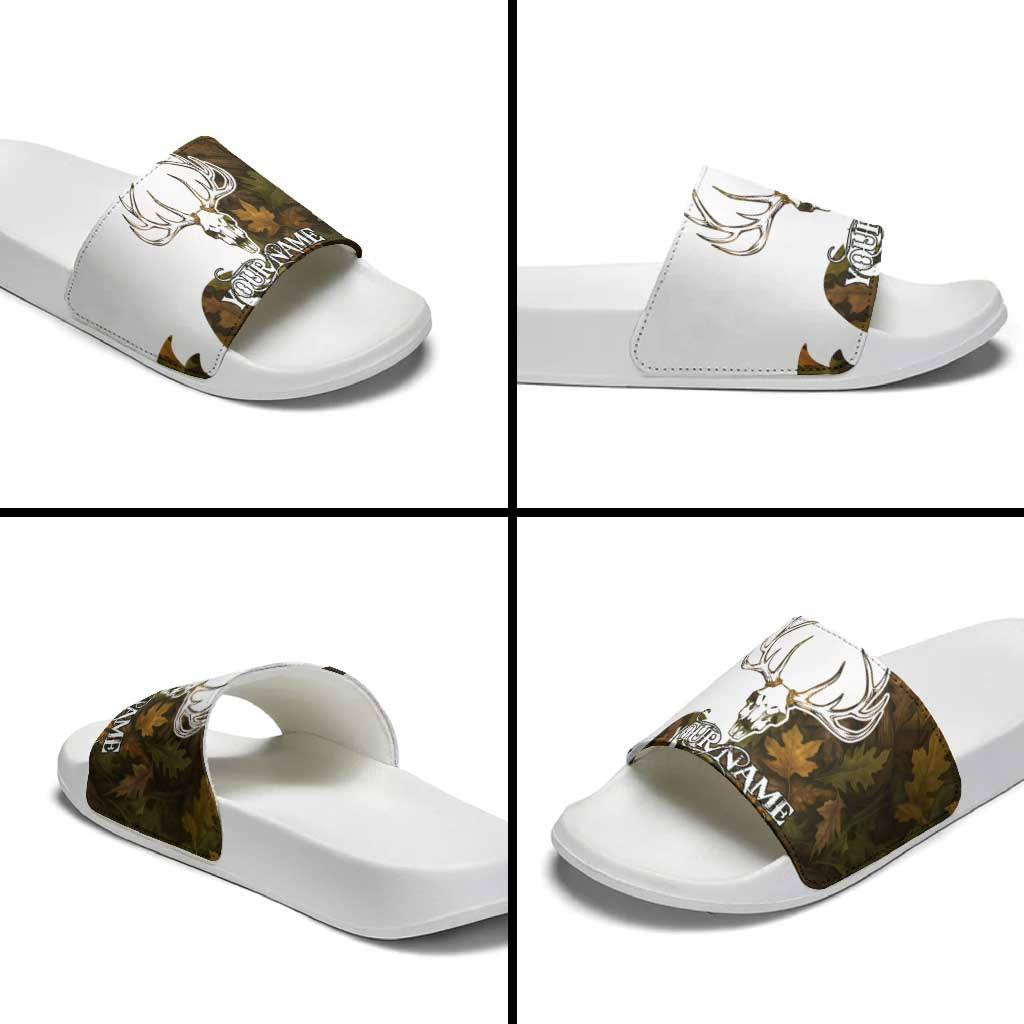 Custom Deer Hunting Skull Slide Sandals with Antlers Graphic on Autumn Leaf Camo Background TS04