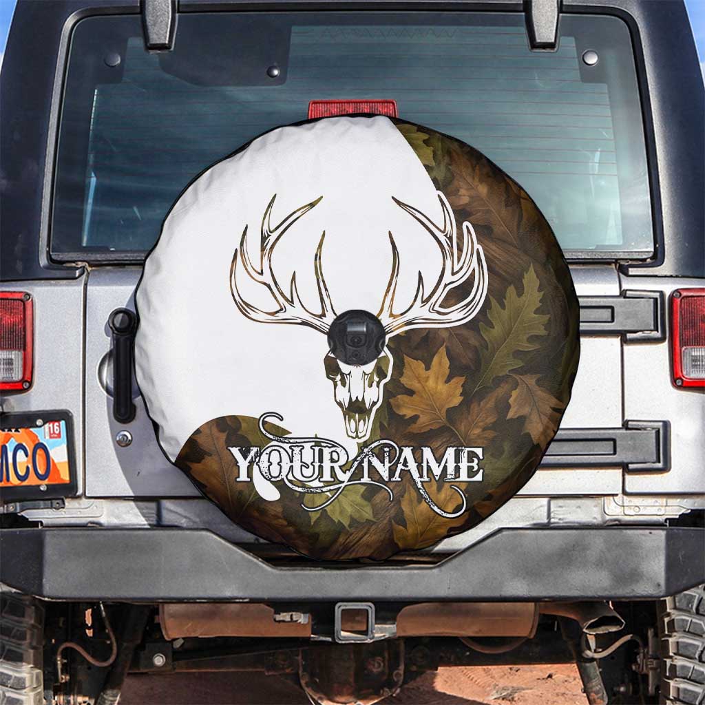 Custom Deer Hunting Skull Spare Tire Cover with Antlers Graphic on Autumn Leaf Camo Background TS04