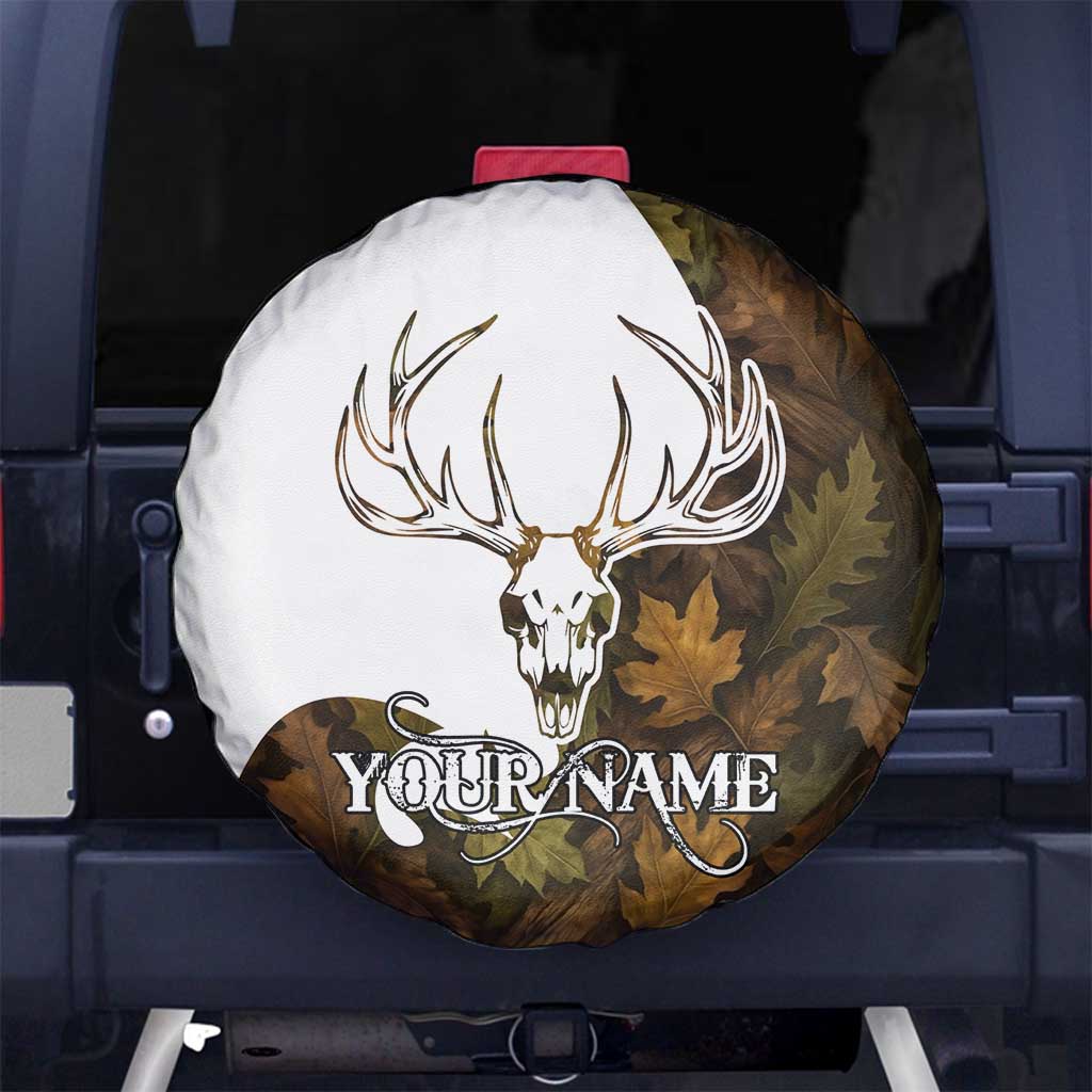 Custom Deer Hunting Skull Spare Tire Cover with Antlers Graphic on Autumn Leaf Camo Background TS04