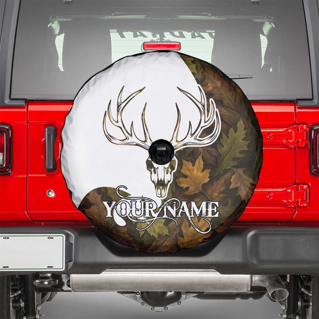 Custom Deer Hunting Skull Spare Tire Cover with Antlers Graphic on Autumn Leaf Camo Background TS04