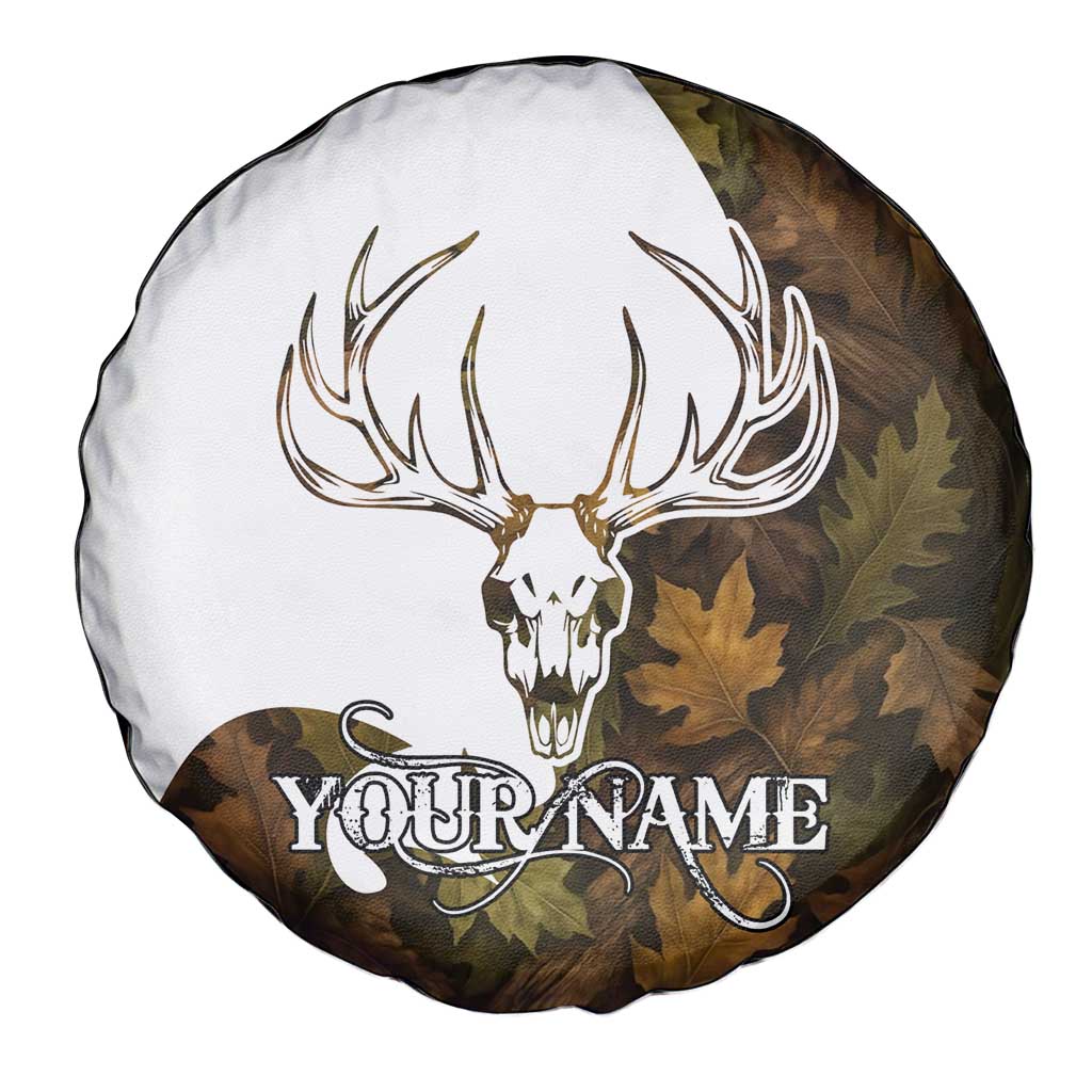 Custom Deer Hunting Skull Spare Tire Cover with Antlers Graphic on Autumn Leaf Camo Background TS04