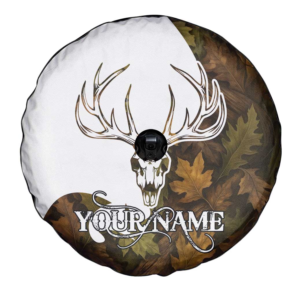 Custom Deer Hunting Skull Spare Tire Cover with Antlers Graphic on Autumn Leaf Camo Background TS04