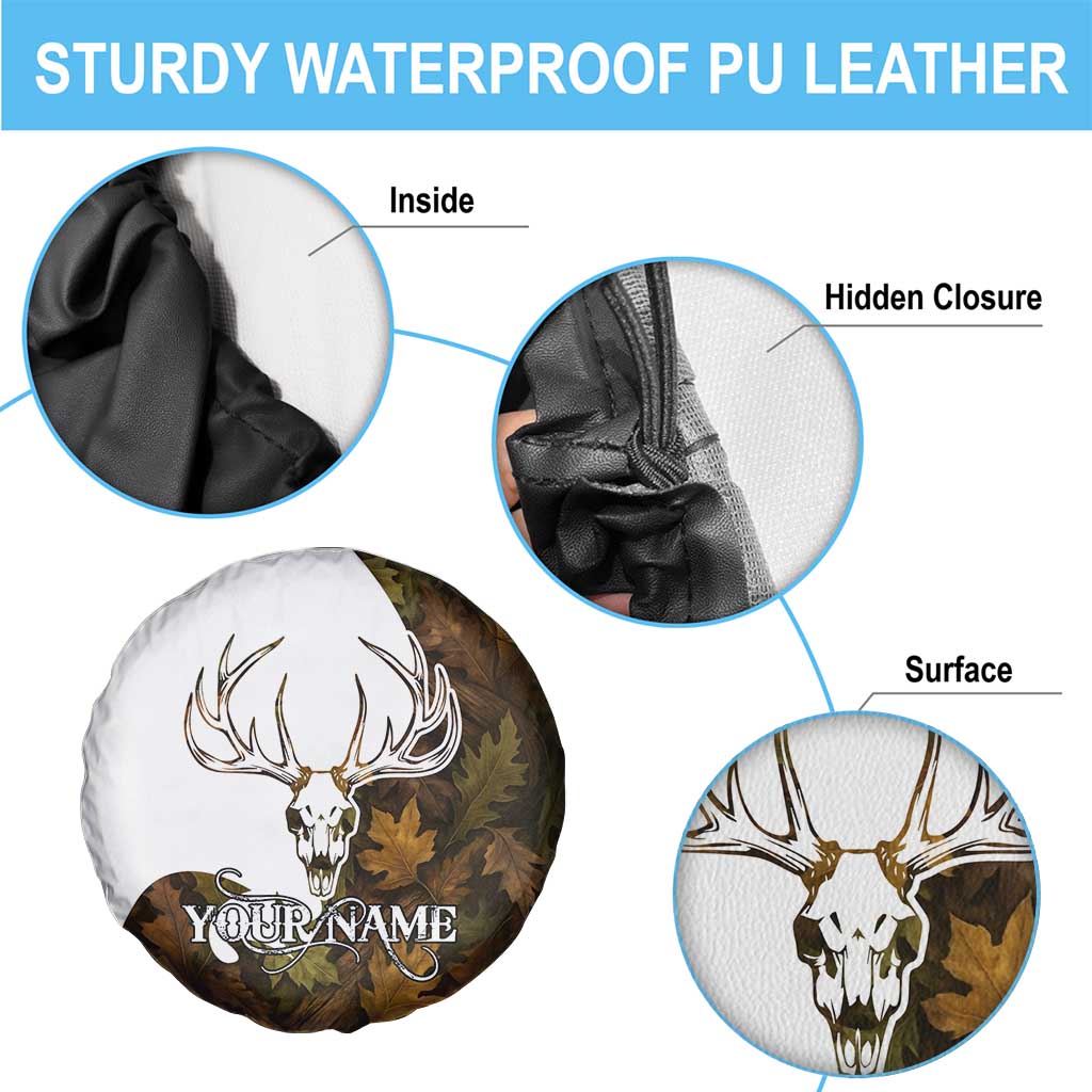 Custom Deer Hunting Skull Spare Tire Cover with Antlers Graphic on Autumn Leaf Camo Background TS04