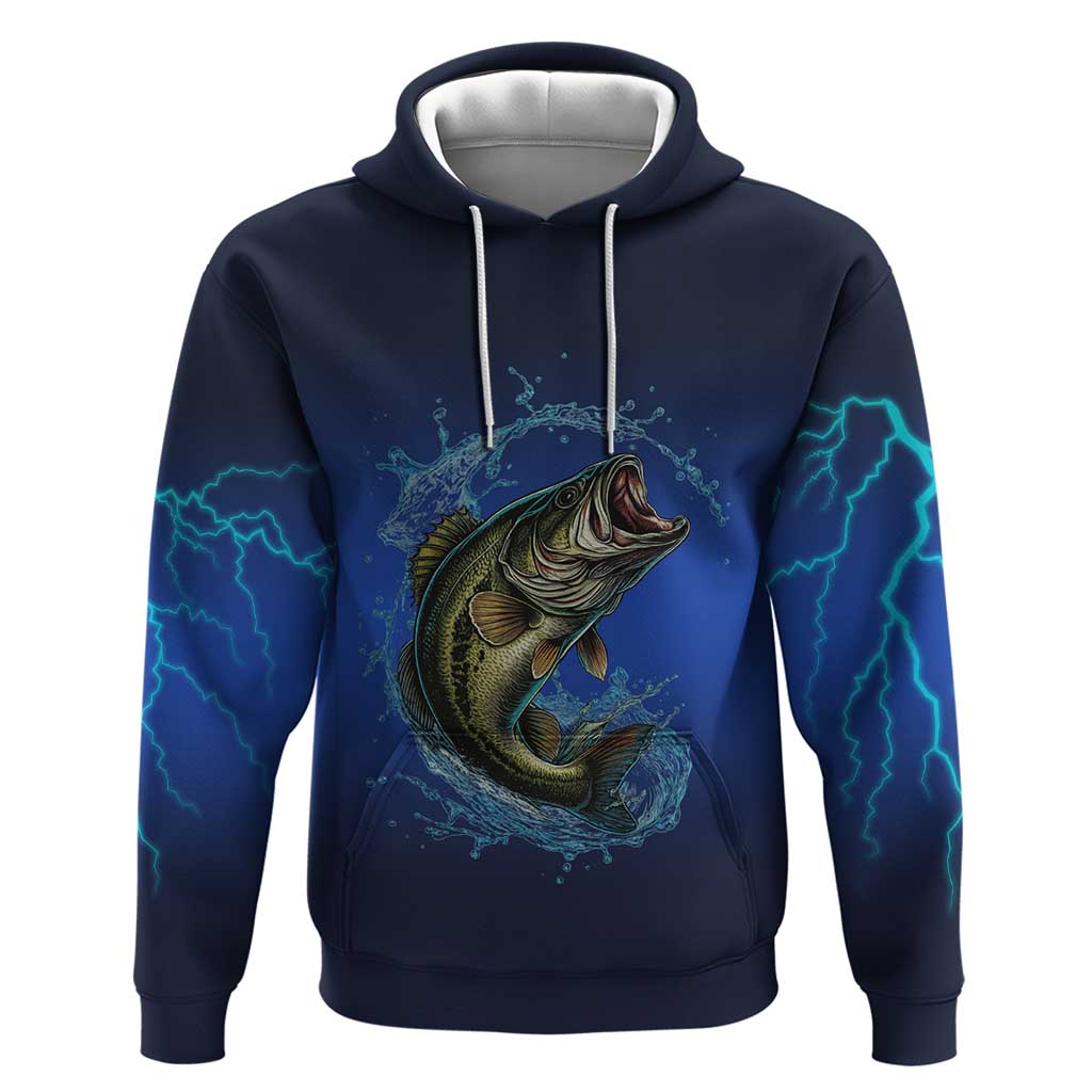 Custom Jumping Bass Fishing Hoodie with Water Splash and Lightning Background TS04