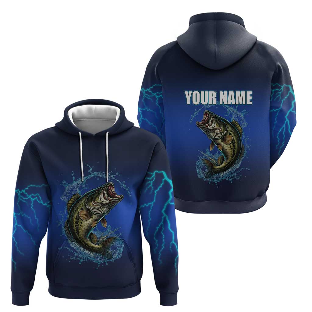 Custom Jumping Bass Fishing Hoodie with Water Splash and Lightning Background TS04