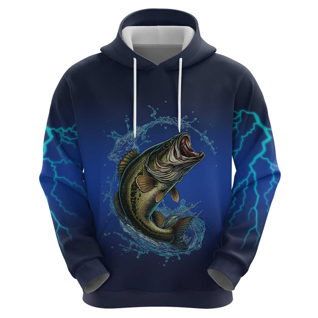 Custom Jumping Bass Fishing Hoodie with Water Splash and Lightning Background TS04