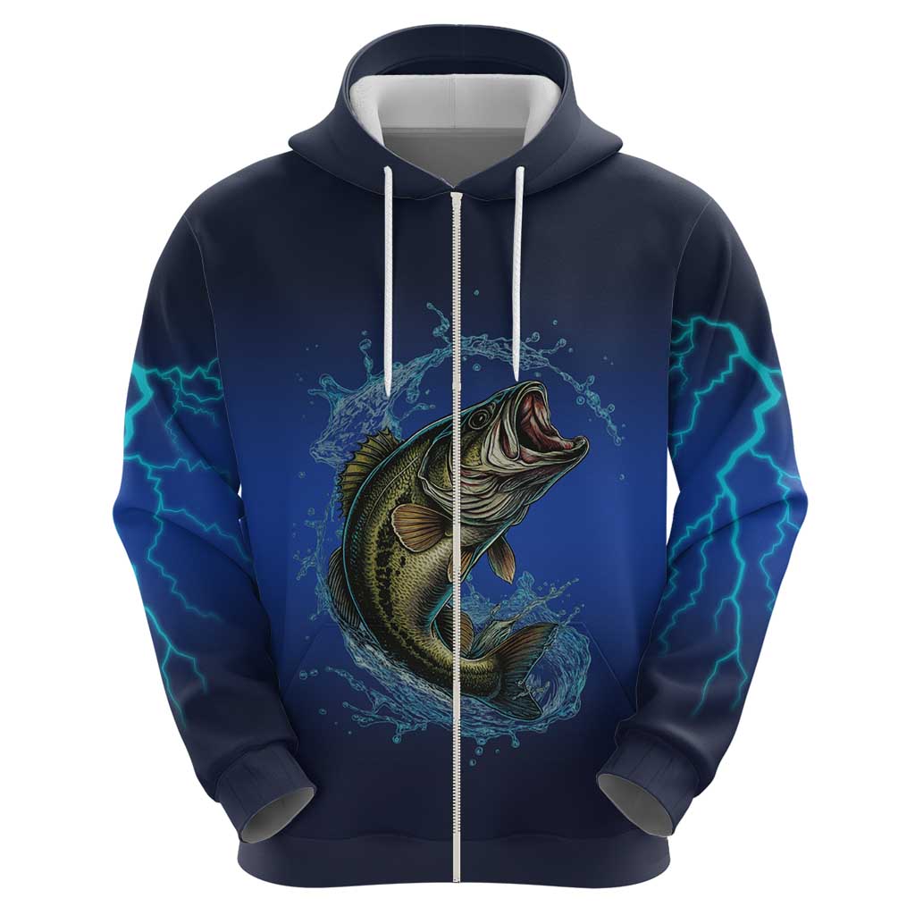 Custom Jumping Bass Fishing Hoodie with Water Splash and Lightning Background TS04